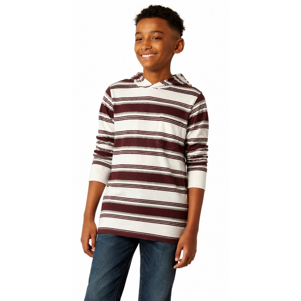Distortion Red/White/Grey Hooded Long Sleeve Shirt. Boys Size Small